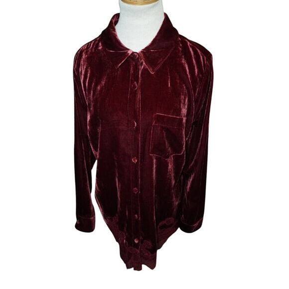 Soft Surroundings Red Velvet Blouse Womens Large Burgundy Lace Trim Long Sleeve - Picture 5 of 8
